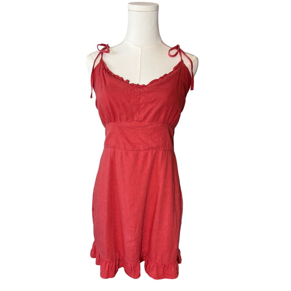Abercrombie & Fitch Burnt Orange Linen Ruffle Tie Strap Mini Slip Dress M Pocket